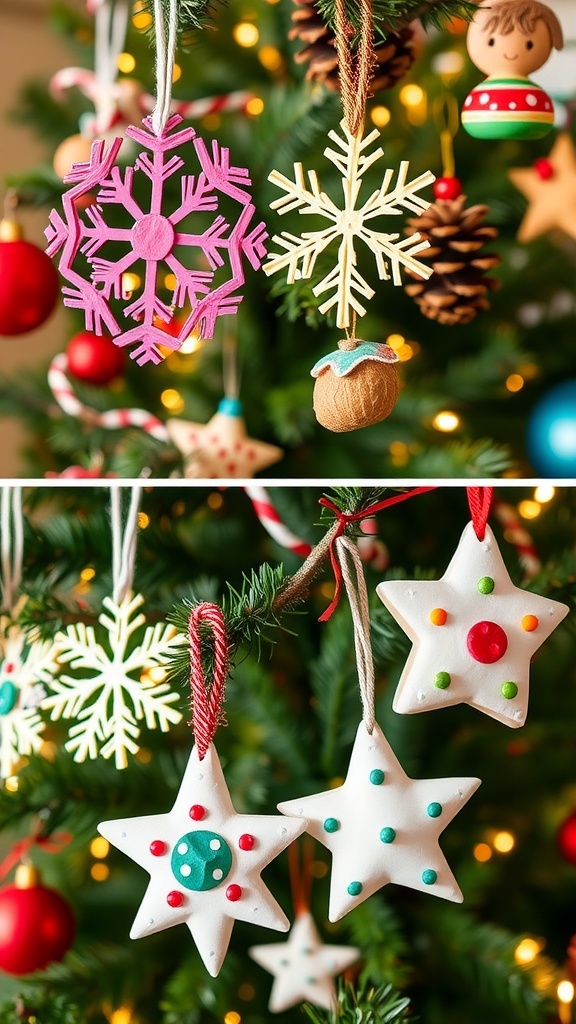 A variety of handmade Christmas ornaments including paper snowflakes, painted pinecones, and salt dough stars hanging on a decorated tree.